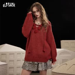ELFSACK Y2K Design Loose Solid 3D Rose Drawstring Tie Sweater For Women