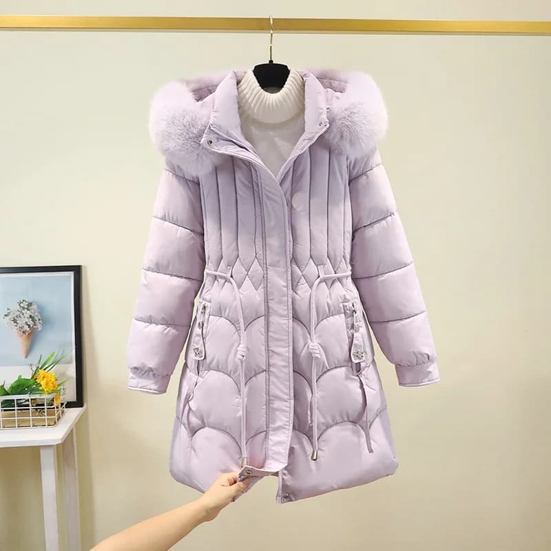 Winter Thickened Large Fur Collar Detachable Hat Cotton Jacket Loose Waist Cotton Padded Mid-Length Downless Women's Coat
