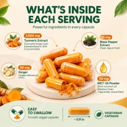 Turmeric Curcumin 95% Capsules Ease Joint Stiffness Soreness, Elevate Antioxidant Levels Black Pepper Ginger 120 Veggie Count