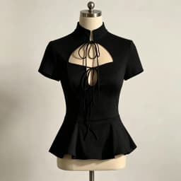 LIMO Elegant White Lace Up Peplum Top, Mandarin Collar Cutout Blouse, Women's Y2K Party Clubwear