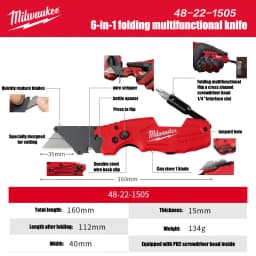 Milwaukee FASTBACK Series, 6-in-1 Folding Multifunctional Knife, Blade Angle Less Than 60°, Folding Blade Storage, Art Knife