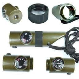 Jungle Survival Whistle with Compass Mirror Flashlight Magnifier LED Light Thermometer Storage Hiking Tool