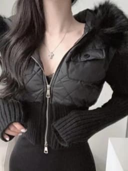 Chic Knitted Patchwork Double Zipper Short Jacket Women's Small Size Waist Cinching Slimming Faux Fur Collar Cotton Coat Trendy