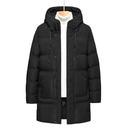 Men Mid Long Hooded Padded Cotton Jacket Plus Size Thick Warm Quilted Winter Coat Drawstring Hood Casual Cold Weather Outerwear