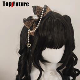 Mars Gal Harajuku Gothic Subculture Lace Leopard Print Lolita Steampunk Y2K Girl Women Bow Hair Clip Hair Clips Pins Hairpin