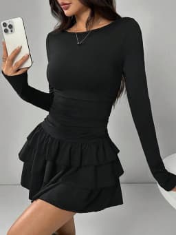 Autumn Winter Solid Color Slim Fit Cascading Ruffles Mini Dress Women Elegant Flare Sleeve High Waist Sexy Party Bodycon Dresses