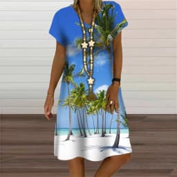 Natural Scenery Summer Tropic Beach Style 3D Print Dresses For Women Oversized Short Sleeve Loose Clothing Casual V-Neck Dress