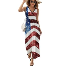 American Flag Dress Patriotic Flag Star Design Boho Beach Long Dresses V Neck Print Maxi Dress Korean Fashion Clothes Oversize