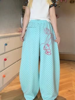 Y2K American 2000s Vintage Teal Turquoise Polka Dot Sweatpants Women Wide Leg Baggy Joggers Drawstring Elastic Lounge Pants