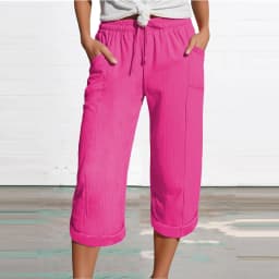 Women 3/4 Muslin Trouser Lightweight Linen Pants With Pockets Causal Loose Capri Trousers Elastic Comfortable Fabric Bottom