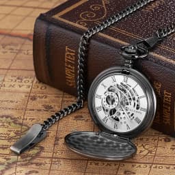 Mechanical Pocket Watch for Men Vintage Black Skeleton Hand Winding Mechanical Fob Watches for Wedding Gift