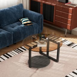 80cm Amber-Tinted Tempered Glass Coffee Table Modern Center Table Side Table with Sintered Stone Tier for Home Office Decor