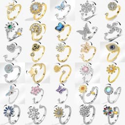 SMJEL Flower Shiny Rhinestone Rotatable Fidget Spinner Ring for Women Anti Anxiety Butterfly Animal Design Anti Stress Accessory