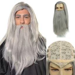 REEWES Wig Beard Set Grey Long Curl Yaki Synthetic Hair Old Man Costume Wig Anime Cosplay Halloween Party Proofs