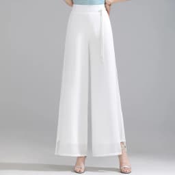 ZUZK Double Layer Chiffon Pants Fashion Slit Chiffon Pants Spring Summer Comfortable Elastic Waist Slim Chic Droop Pants