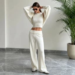 Wolfeel Women's Knitted Three Piece Ribbed Sleeveless Crop Top Long Sleeved and Long Pants Set Suitable for Casual Daily Wear