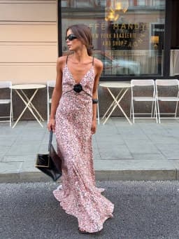 Pink Ditsy Floral Satin Maxi Dress Spaghetti Strap Deep V Neck Front Black Rose Detail Ruffle Hem Women Street Vacation Dress