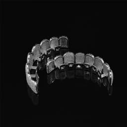 Silver Plated Full Iced Out CZ Zircon Teeth Grillz Top & Bottom Hip Hop Mouth Grills with Silicone Molds for Rapper Cosplay