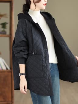 Large Size Women's Faionable Lightweight Hooded Cotton Jaet Autumn Winter New Arrival Diamond Pattern Loose Casual Coat