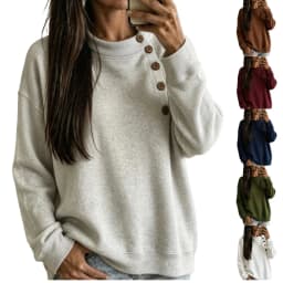 Crew Neck Sweatshirts Women Fleece Pullover Side Button Tops Fall Cute Shirt