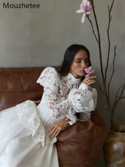 Mouzhetee A-Line Elegant O-Neck Lace Pleat Wedding Dresses Simple Long Sleeve Brides Gown Custom Made 2026