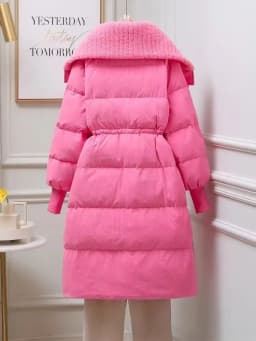 Thickened Large Collar down Cotton Jacket Midi Length Waist-Cinching Pink Outerwear Coat for Short Women Winter Outerwear