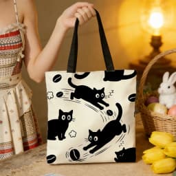 1pc Black Cat & Coffee Canvas Tote Bag – Cute Playful Kitten Print with Latte & Bean Patterns, Eco-Friendly Boho Shoulder Bag fo