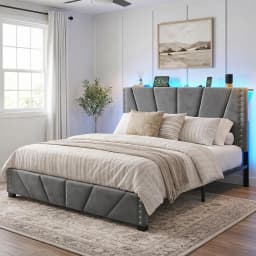 Queen Bed Frame with LED Lights & USB, Noise-Free, Grey | Adjustable Velvet Headboard,Under-Bed Storage,Heavy Duty, Customized