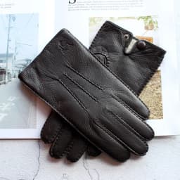 New hand-stitched touch screen leather men's deerskin gloves Wool knit lining black corrugated driving gloves