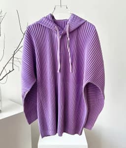 Miyake Women Pleated Hooded Top Drawstring Long Sleeve Loose Solid Color Vertical Pleat Blouse
