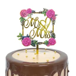 Color Mrs & Mrs Wedding Party Cake Toppers Gold Flowers Acrylic Bride and Groom Cake Toppers for Happy Wedding Cakes Decoration
