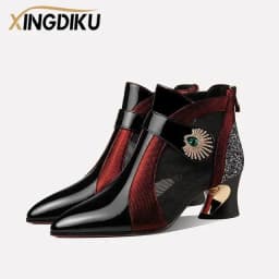 2024 Summer Mesh Breathable Sandals with Rhinestone Decoration Shaped Heels Retro British Style Sandals Leather Boots Women
