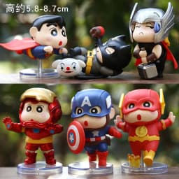 6pcs Set 8cm Crayon Shin Chan Figure Batman Superman The Flash IronMan Captain America Thor Cosplay Model PVC Decor