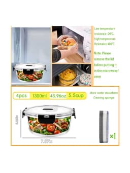 SIAZIH 1300 ML Round Glass Food Containers (With Lids), Set of 4, Airtight Food Storage Containers, BPA-Free