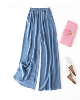Tcyeek 100% Natural Silk Pants Women Summer Clothes Casual Elastic Waist Wide Leg Pants Solid Color Woman Trousers Streetwear
