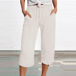 Women 3/4 Muslin Trouser Lightweight Linen Pants With Pockets Causal Loose Capri Trousers Elastic Comfortable Fabric Bottom