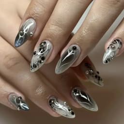 24Pcs Y2k Almond Acrylic Nails Full Cover 3D Diamond Black Nail Art Sweet Cool French Wearable Fake Nail Manicure Tips for Girls