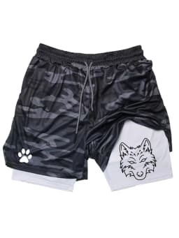 Men's Cool Wolf Graphic 2-in-1 Shorts, Quick Dry Double Layer Athletic Gym Training Workout Streetwear Shorts WX071