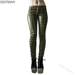 2024 Steampunk Rivet Lace-up Pencil Pants Skinny Trousers Women Retro Pu Pants Leather Pants Streetwear Autumn Casual Trousers