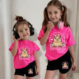 Casual Short-Sleeved Shorts Two-Piece Set for Girls Aged 4-12, Rose Red Round-Neck T-Shirt with Cute Capybara Print, Bow, Flower and Heart Elements Printed on It, Suitable for Going Out, Home, School, and Versatile