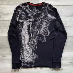 Black Mens Gothic Dark Style Sweatshirt Loose Unique Wing Print Design on Front Chest Trendy Casual Streetwear Edgy Personality