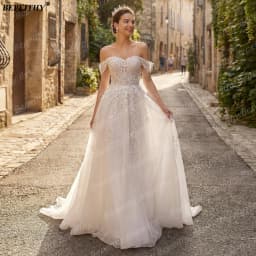 BEPEITHY Customized Strapless A Line Wedding Dresses For Women 2026 Spring Off Shoulder Lace Bride Plus Size Bridal Gown