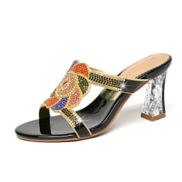 Summer New Comfort Non-slip High Heel Genuine Leather Crystal Inlaid Diamond Women's Beach Fashion Versatile Bohemian Shoes