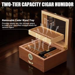 Cigar Humidor with Built-in Music Box System and Cedar Wood Tray-Transparent Top Desktop Humidor,Digital Hygrometer & Humidifier