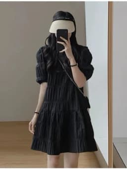 Summer 2025 Design Sensation Bubble Short Sleeve Dress Women's Elegant Skirt Commute Style Pleated High Waist A-Line Dress