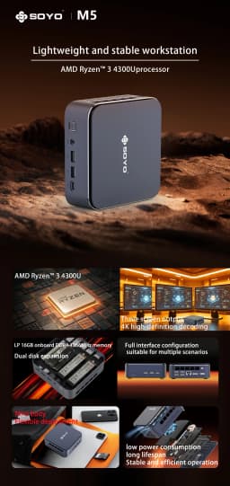 SOYO M5 Mini PC AMD Ryzen 4300U W-11 Pro (4C/4 Pokemon pinata, up to 3,7 GHz) 16GB LPDDR4/512GB SSD, 4K desk PC @ 60Hz Triple screen (HDMI + Type-C + DP 1.4)/Wi-Fi 5/BT 4.2/LAN for multimedia desk education