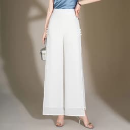 ZUZK Slit Chiffon Long Pants Summer Comfortable Elastic Waist Slim Double Layer Chiffon Pants Chic Droop Chinese Style Pants
