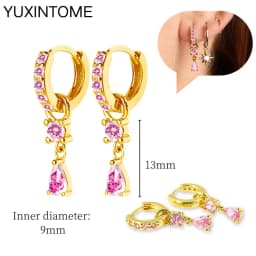925 Sterling Silver Needle Pink Crystal Heart Hoop Earrings for Women Fashion Geometric Pendant Earrings Luxury Jewelry Gifts