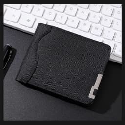 Men's And Women's Slim Fit Double Fold Canvas Wallet With Metal Decoration, Casual Denim Style Cash And Card Wallet