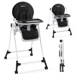 Sejoy Baby High Chair Adjustable with 5-Point Harness 3-Tier Tray & Wheels CE/CPC Certified Children's Dining Chair